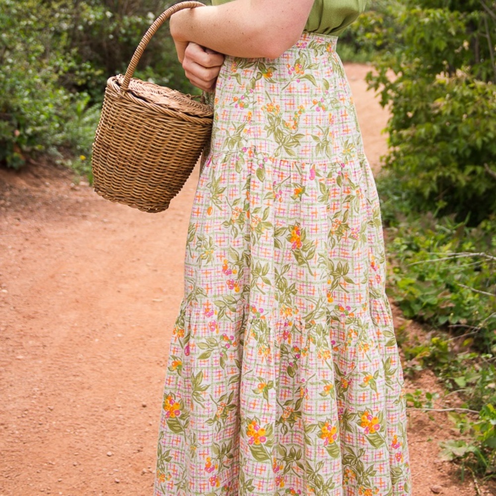 Vintage Floral Midi Skirt - Green and Pink cloudberry